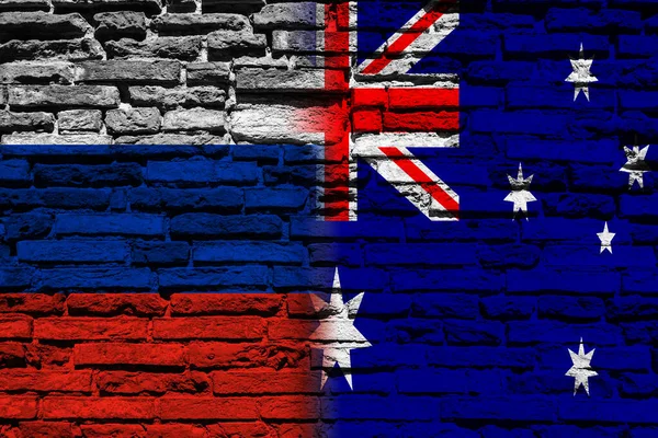 Bakgrund Med Rysslands Och Australiens Flagga Tegelvägg — Stockfoto