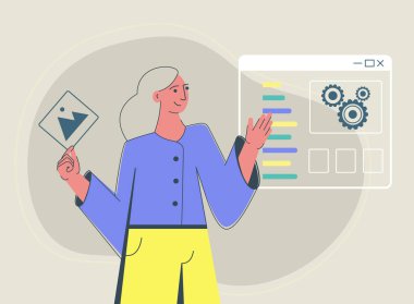 UI UX tasarımı, web sitesi şablonu ve programlama oluşturma süreci. Mutlu, gülümseyen kadın karakter 