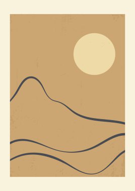 Soyut doğrusal orta yüzyıl modern manzara boho poster şablonu. Sanat baskısı, kartpostal, kapak, duvar kağıdı, duvar sanatı için minimum ve doğal kompozisyonlar