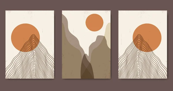 Abstract Contemporary Mountain Landscape Posters Inglês Fundo Boho Moderno Conjunto —  Vetores de Stock