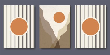 Soyut çağdaş manzara posterleri. Güneş dağları ve çizgileriyle modern boho arka planı