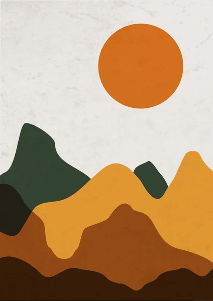 Abstrakt strukturerad landskap affisch. Modern boho bakgrund set med sol berg — Stock vektor