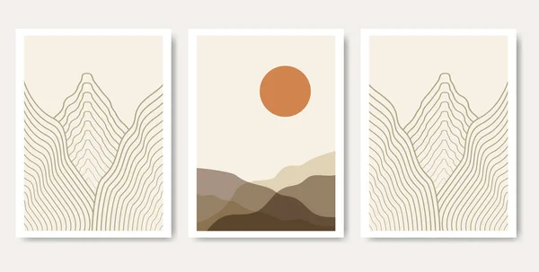Carteles de paisaje estético abstracto. Moderno conjunto de fondo boho con sol y rayas montañas — Vector de stock