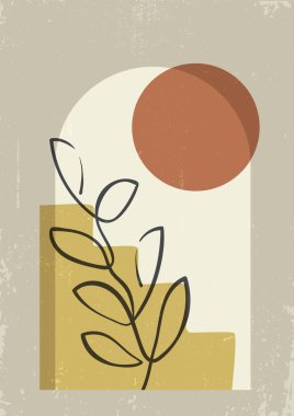 Botanik duvar sanatı çizimi. Soyut şekilli, dünya tonlarında boho çizimi