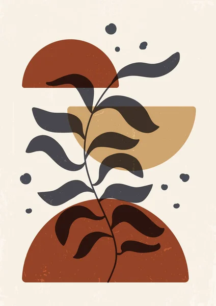 Arte da parede botânica ilustração texturizada. Desenho de arte linha boho tom Terra com forma abstrata —  Vetores de Stock