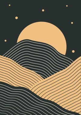 Soyut çizgili gece manzarası çizimi. Doğa, ekoloji, organik, çevre afişleri, kartpostal, poster tasarımı. Vektör a4 sanat baskısı