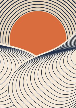 Soyut çizgili manzara arkaplan çizimi. Doğa, ekoloji, organik, çevre afişleri, kartpostal, poster tasarımı