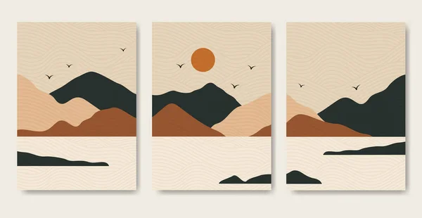 Abstract boho mountain landscape poster set. Modern boho textured background with sun and mountains, minimalist wall decor. Vector a4 art print