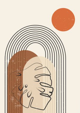 Boho tarzında yaprağı olan soyut dekoratif arkaplan. Çizgi çalışması. Çağdaş geometrik bileşim. Boho duvar dekoru. Yüzyıl ortası sanat baskısı.