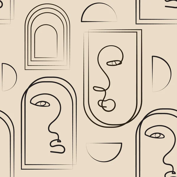 Vector seamless pattern with linear woman face and arch. Continuous line art with woman faces. Linear background. Use for package, cosmetics, decor. Fashion concept, feminine beauty minimalist.