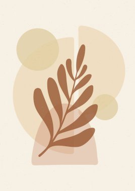 Nötr boho sanat baskısı, botanik duvar sanatı soyut illüstrasyon. Yatak odası dekorasyonu için asgari ortaçağ sanat baskısı.