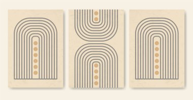 Minimalist tarzda dizilmiş kemer ve daireler posteri. Boho 'nun daire ve çizgilerin ev dekoru pastel renklerde. Gökkuşağı duvarı çizimleri.