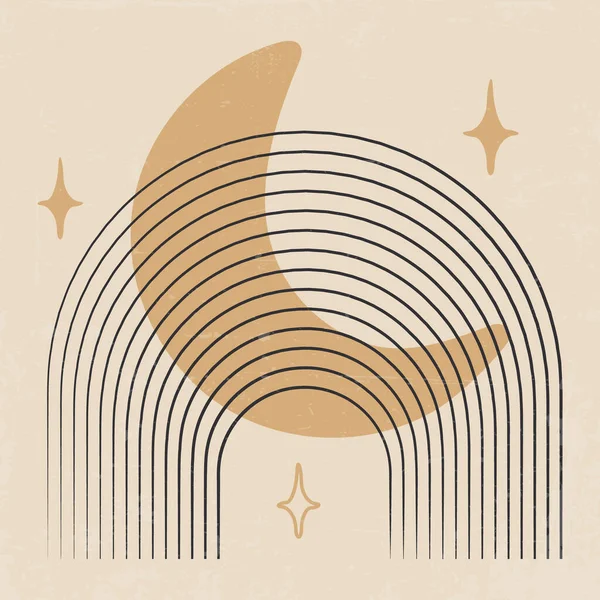 Arch, moon and stars illustration in minimalistic style. Boho home decor of circle and lines in pastel colors. Rainbow wall art illustrations. A4 size