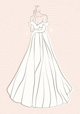 Linear bride in beautiful long dress. Sketch logo silhouette of woman, line artwork for invitation or banner. Vector drawing.