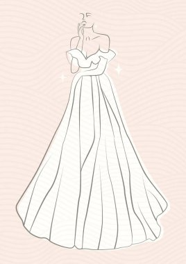 Linear bride in beautiful long dress. Sketch logo silhouette of woman, line artwork for invitation or banner. Vector drawing.