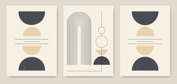Minimalist lines and geometric elements poster set. Modern aesthetic illustrations. Boho style artistic design for wall decoration