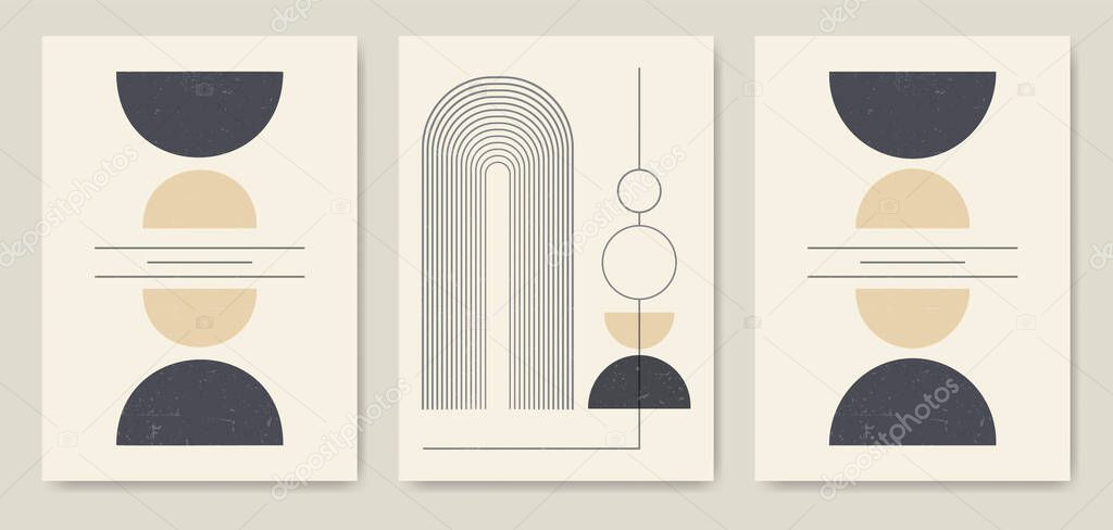 Minimalist lines and geometric elements poster set. Modern aesthetic illustrations. Boho style artistic design for wall decoration