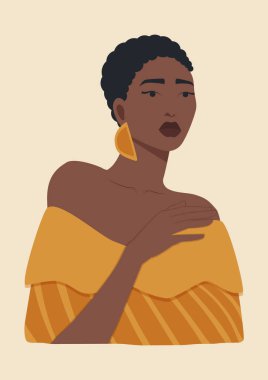 Poster with young black woman in dress illustration. Diversity. flat illustration. Avatar for a social network.