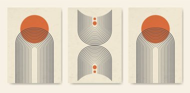 Arch poster set in minimalistic style with texture. Home decor of circles and lines in pastel colors. Rainbow wall art illustrations