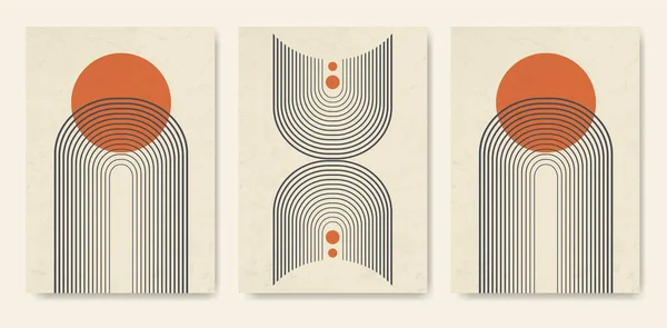 Arch poster set in minimalistic style with texture. Home decor of circles and lines in pastel colors. Rainbow wall art illustrations