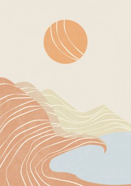 Beach and mountain landscape illustration poster. Mid century modern vector illustration with hand drawn mountains and lake.Trendy contemporary design.Wall art decor.