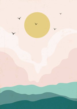 Mountain landscape and clouds illustration textured poster. Mid century modern vector art. Trendy contemporary design. Wall art decor.