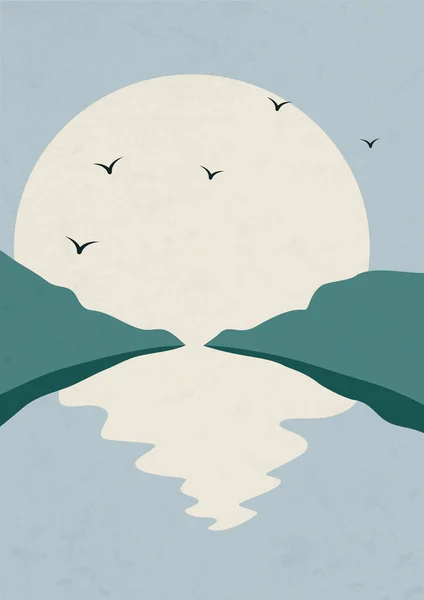 Japanese Landscape Poster Illustration Mountain Lake Design Boho Wall Decor — Stock vektor