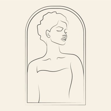 Beautiful woman in dress profile line square art drawing. Vector illustration for logo, post, beauty salon