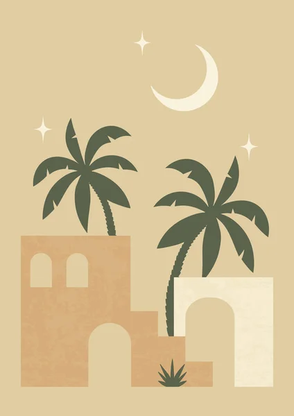 Morocco Architecture Moon Poster Illustration Modern Aesthetic Illustrations Boho Style — Vettoriale Stock