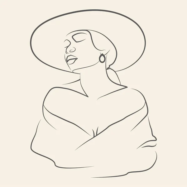 Afrykanka Linii Kapelusza Rysunek Ilustracji Minimalistyczne Współczesne Kobiety Stoją Obliczu — Wektor stockowy