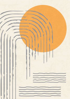 Minimalist tarzda kemer ve güneş posteri çizimi. Boho 'nun daire dekoru ve rengarenk çizgileri. Gökkuşağı duvar resimleri. A4 boyutu