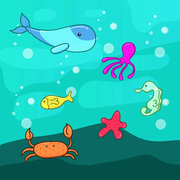 Bündel Von Meerestieren Unter Wasser Illustration — Stockvektor