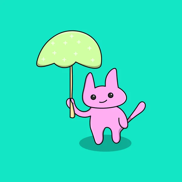 Απεικόνιση Του Χαρακτήρα Του Ροζ Γάτα Φέρνει Μια Ομπρέλα — Διανυσματικό Αρχείο