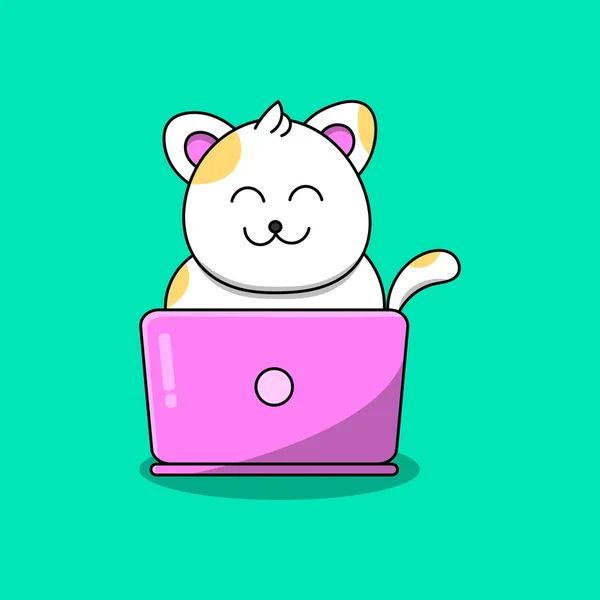 Cute Yellow White Cat Front Computer Laptop Vector Illustration — Stock Vector