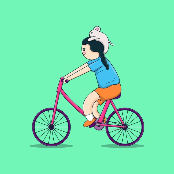 Little Girl Riding Bicycle Pet Her Head — Stock Vector