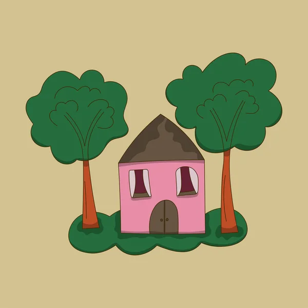 Ilustración Una Casa Bajo Dos Árboles Jardín Ilustración Niños — Vector de stock