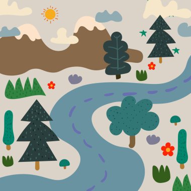 Summer Doodle Illustration of Mountain Panorama