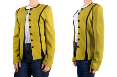 Bir kadının üzerinde hardal renkli ceket, ön ve açı manzaralı, izole. Moda, alışveriş konsepti.