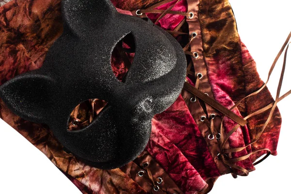 Women Carnival Accessories Black Cat Mask Burgundy Velvet Corset Isolated — Zdjęcie stockowe