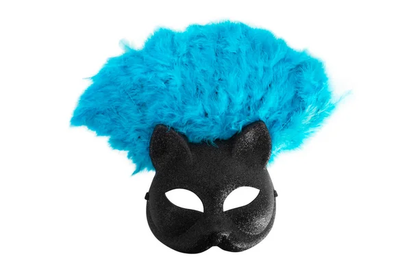 Carnival Accessories Black Cat Mask Folding Fan Blue Feathers Isolated — стоковое фото