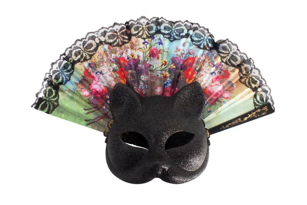 Carnival Accessories Black Cat Mask Fan Floral Pattern Lace Isolated — Stockfoto