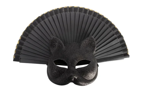 Carnival Accessories Black Cat Mask Black Folding Fan Isolated — стоковое фото