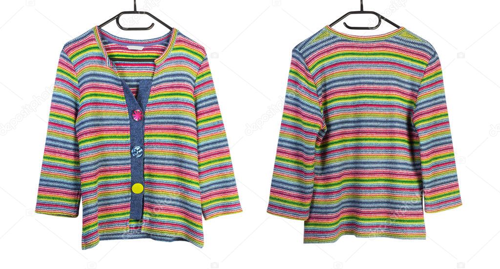 Multicolored striped button-down women's cardigan, front and back view, isolated, women's fashion.