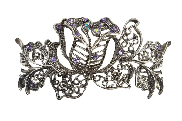 Decorative Metal Rose Sparkling Gemstones Fashion Brooch Barrette Hairpin — Foto Stock