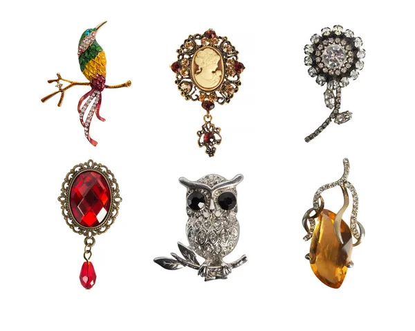 6 renkli eski broş, moda aksesuarları, izole edilmiş fotoğraf.