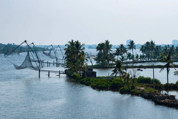 Cochin Hindistan Daki Çin Balıkçı Ağları Nın Panoramik Bir Görüntüsü — Stok fotoğraf