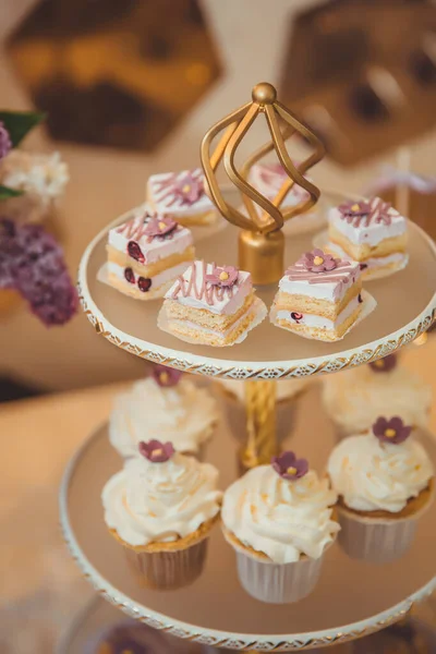 纸杯蛋糕和用紫色奶油装饰在金盘子上的蛋糕 — 图库照片