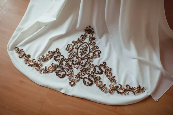 Ricamo Con Perline Oro Bianco Perline Vetro Sull Abito Sposa — Foto Stock