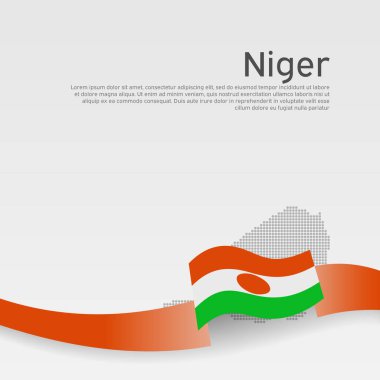 Nijer bayrağı, beyaz arka planda mozaik harita. Nijer bayraklı dalgalı kurdele. Vektör pankartı tasarımı, ulusal Nijerya posteri. İş kitapçığı için kapak. Devlet vatanseverlik broşürü.