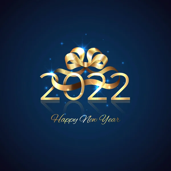 2022 Новий Рік Яскравий Золотий 2022 Рік Стрічковим Луком Синьому — стоковий вектор